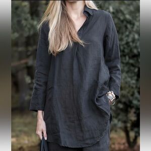 Vikolino October Linen Tunic Collared Relaxed Fit Gray Pockets European Flax-M/L